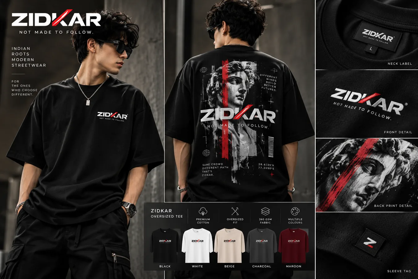 Fashion lookbook mood board featuring ZIDKAR streetwear concepts