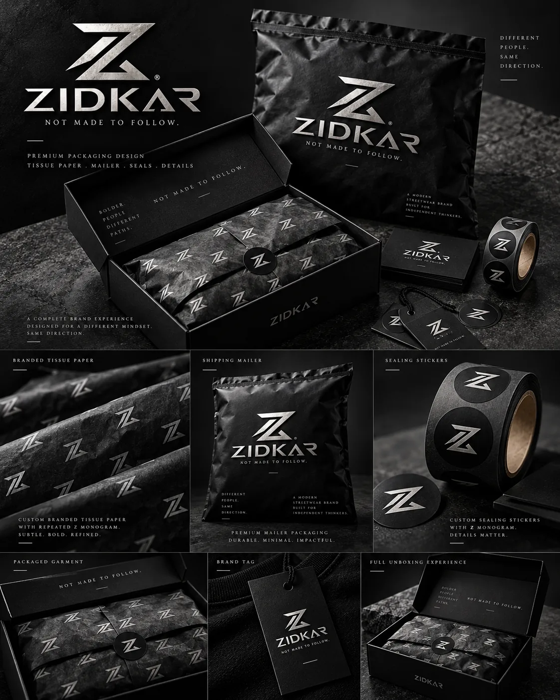 ZIDKAR tissue paper, packaging box, stickers and mailer concepts